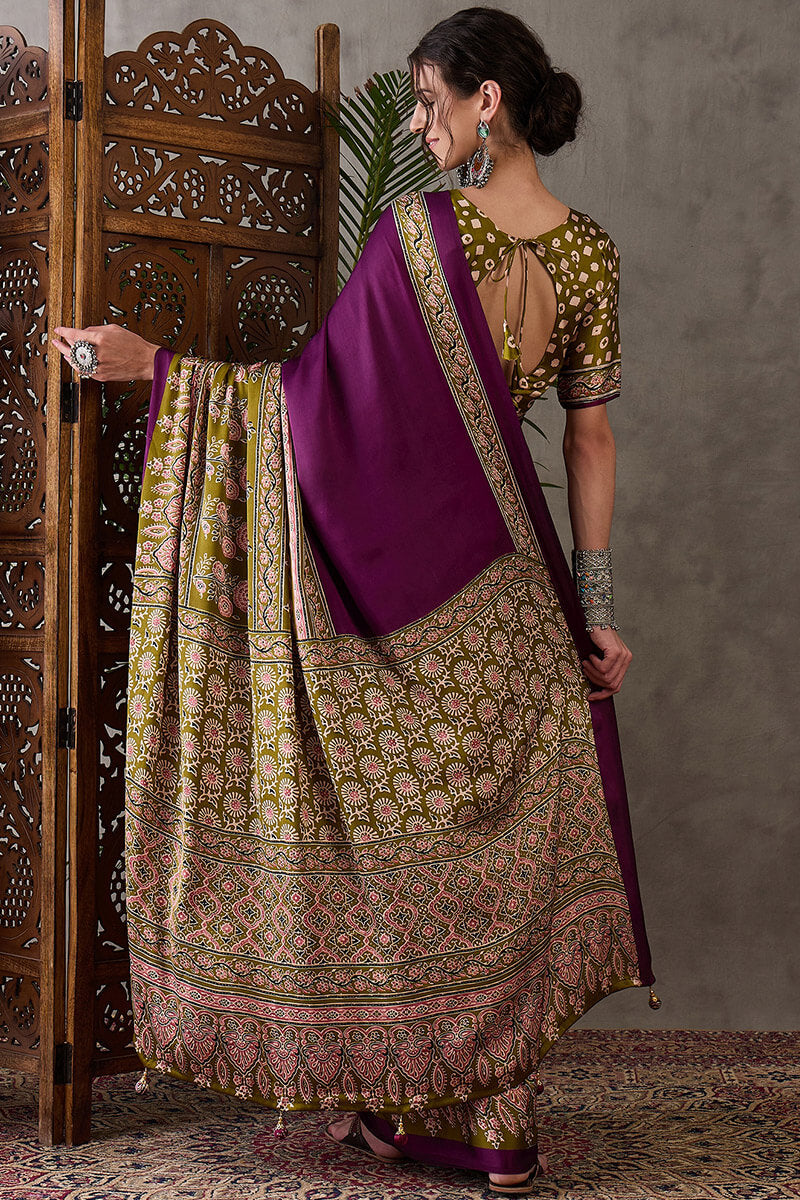 Supernal Purple Ajrakh Printed Semi Modal Silk Saree With Resplendent Blouse Piece