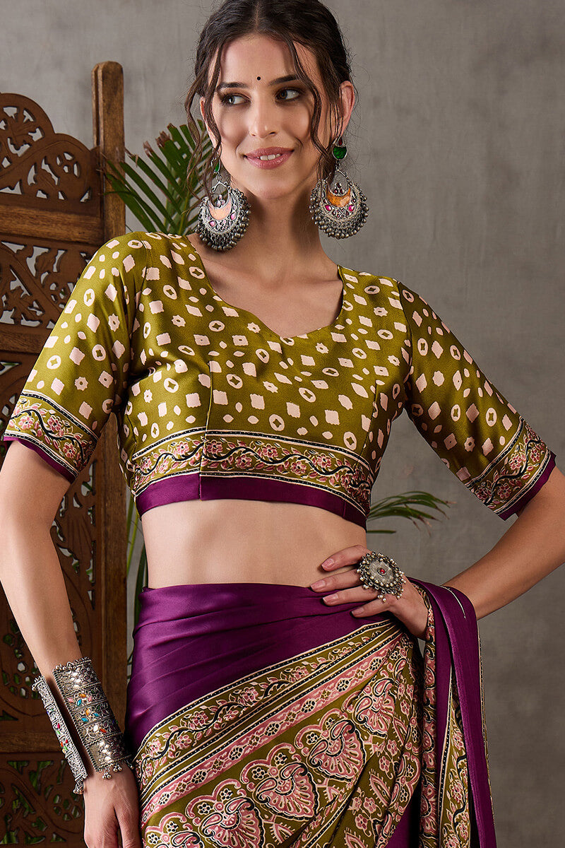 Supernal Purple Ajrakh Printed Semi Modal Silk Saree With Resplendent Blouse Piece