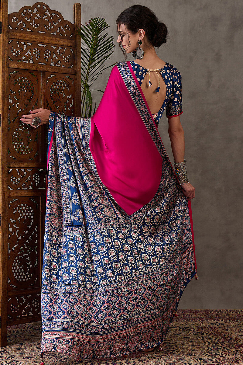Murmurous Dark Pink Ajrakh Printed Semi Modal Silk Saree With Ephemeral Blouse Piece