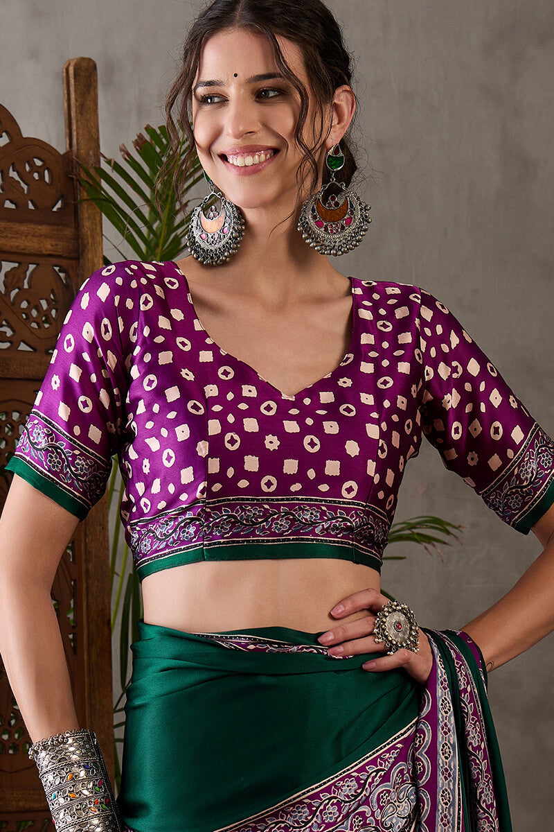 Sizzling Dark Green Ajrakh Printed Semi Modal Silk Saree With Glowing Blouse Piece