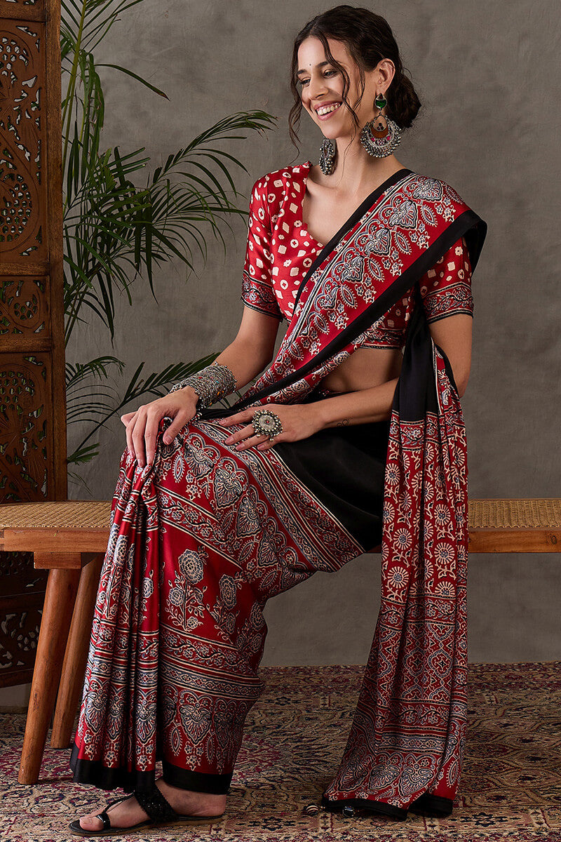 Ravishing Black Ajrakh Printed Semi Modal Silk Saree With Excellent Blouse Piece