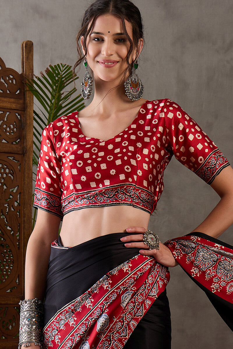 Ravishing Black Ajrakh Printed Semi Modal Silk Saree With Excellent Blouse Piece