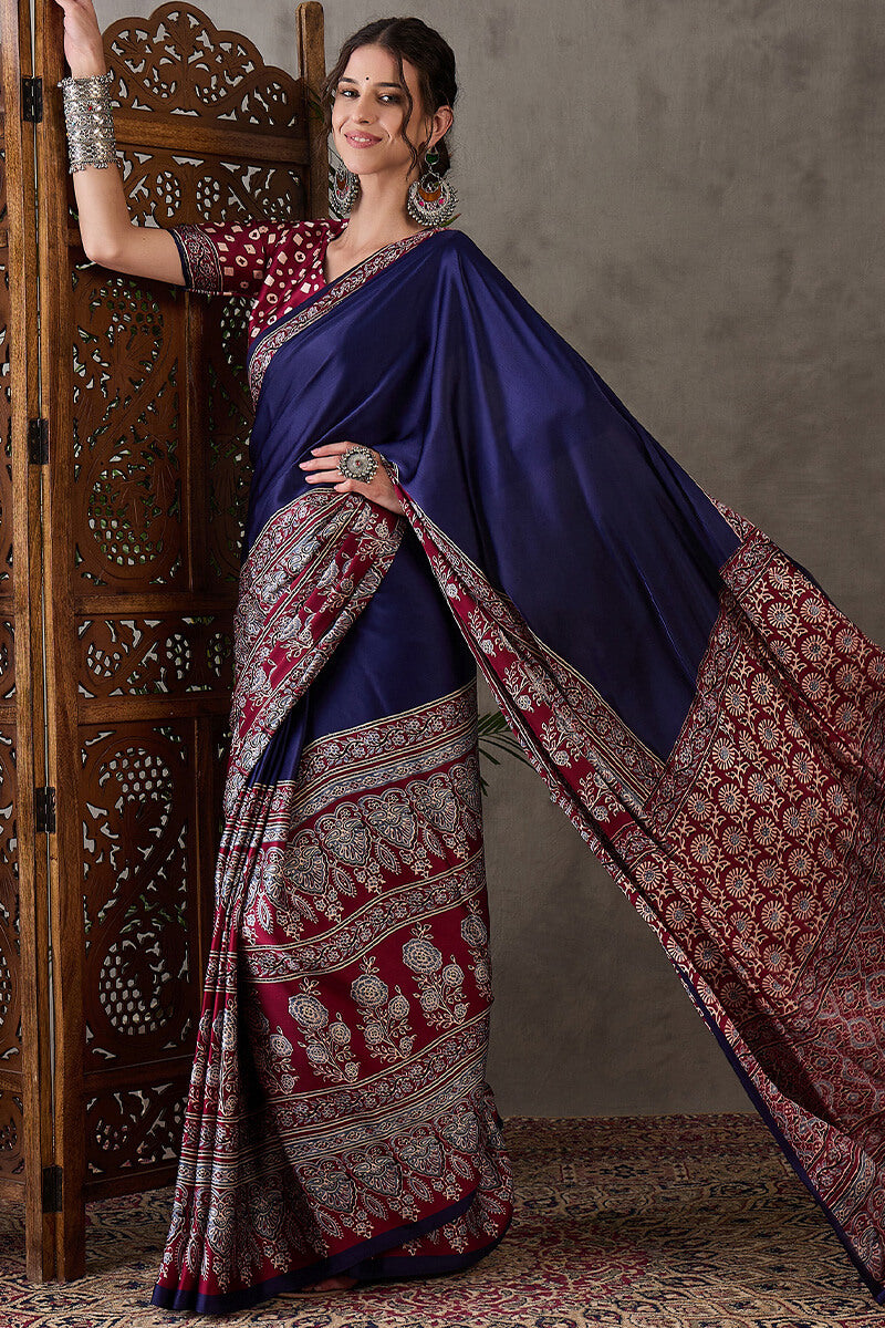 Exceptional Navy Blue Ajrakh Printed Semi Modal Silk Saree With Flameboyant Blouse Piece