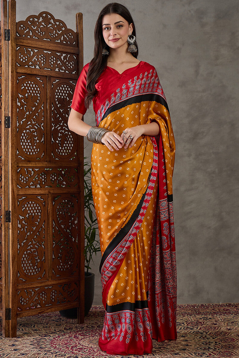 Exquisite Yellow Ajrakh Printed Semi Modal Silk Saree With Evocative Blouse Piece