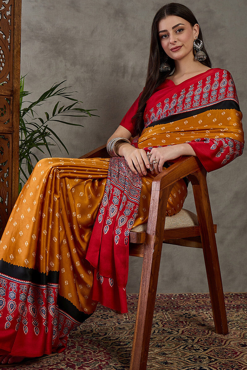 Exquisite Yellow Ajrakh Printed Semi Modal Silk Saree With Evocative Blouse Piece