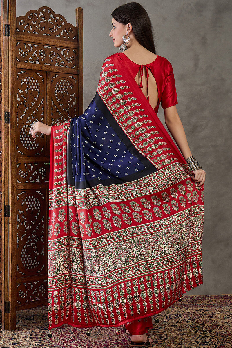 Wonderful Navy Blue Ajrakh Printed Semi Modal Silk Saree With Captivating Blouse Piece