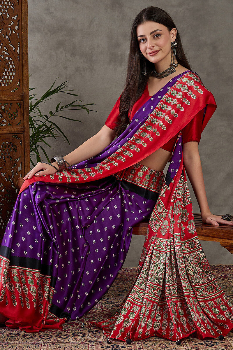 Demanding Purple Ajrakh Printed Semi Modal Silk Saree With Dalliance Blouse Piece