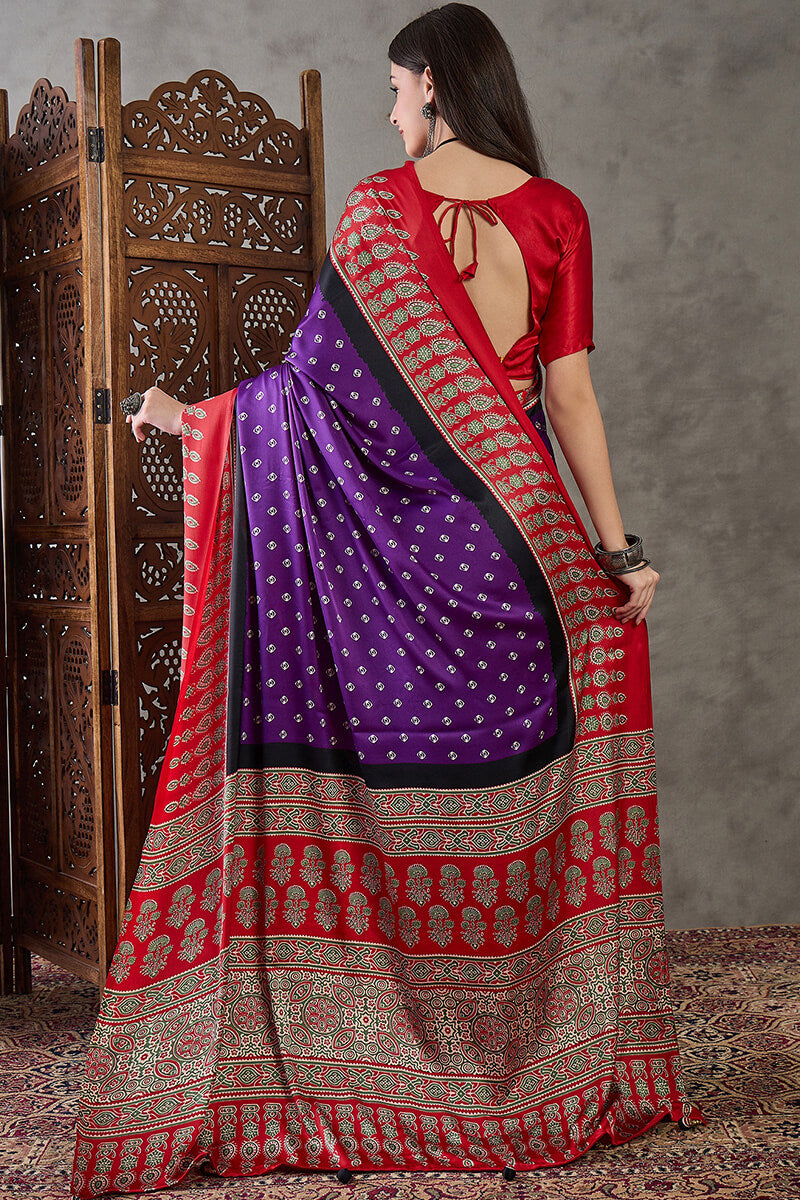 Demanding Purple Ajrakh Printed Semi Modal Silk Saree With Dalliance Blouse Piece