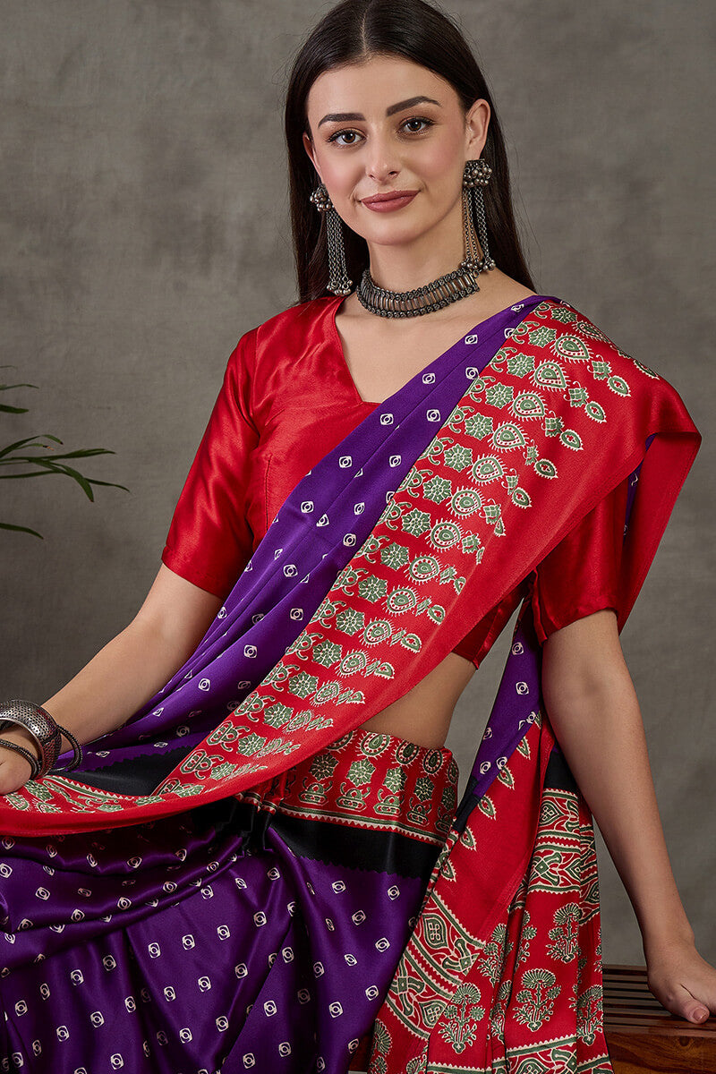 Demanding Purple Ajrakh Printed Semi Modal Silk Saree With Dalliance Blouse Piece