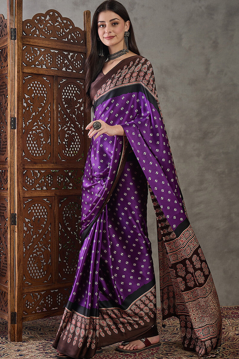 Rhapsody Royal Purple Ajrakh Printed Semi Modal Silk Saree With Proficient Blouse Piece