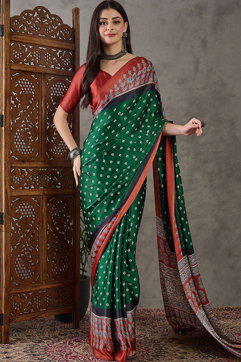 Deserving Dark Green Ajrakh Printed Semi Modal Silk Saree With Stunner Blouse Piece
