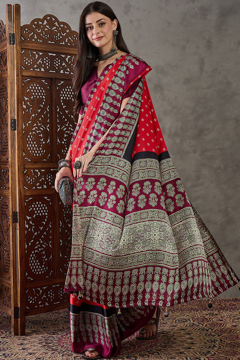 Eloquence Red Ajrakh Printed Semi Modal Silk Saree With Groovy Blouse Piece