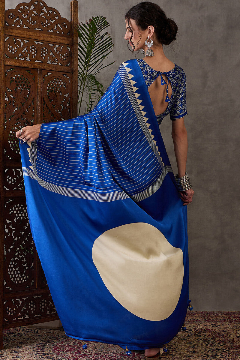 Most Flattering Blue Ajrakh Printed Semi Modal Silk Saree With Adorable Blouse Piece