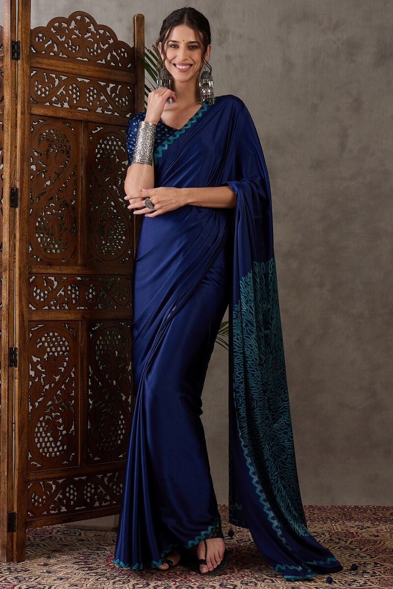 Whimsical Navy Blue Ajrakh Printed Semi Modal Silk Saree With Scrupulous Blouse Piece