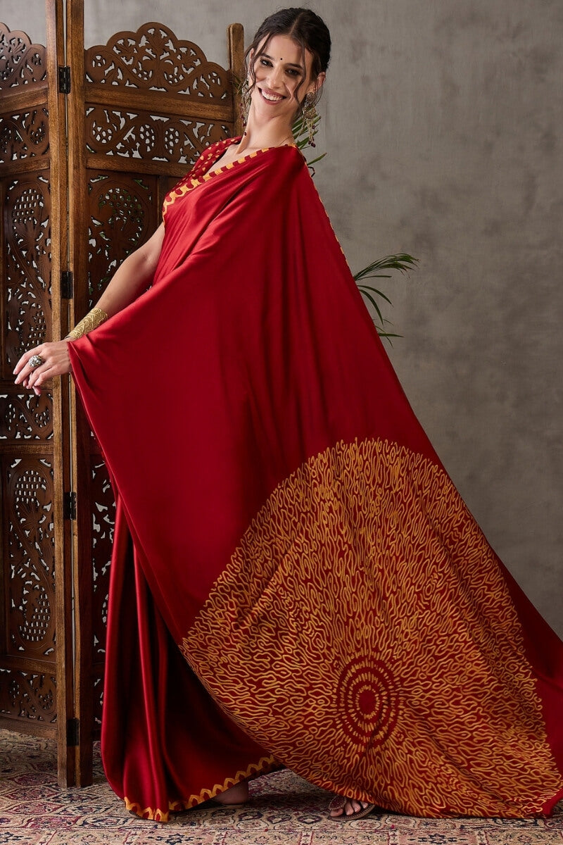 Panache Red Ajrakh Printed Semi Modal Silk Saree With Chatoyant Blouse Piece