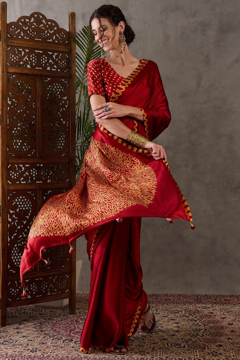 Panache Red Ajrakh Printed Semi Modal Silk Saree With Chatoyant Blouse Piece