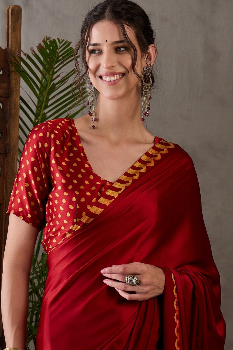 Panache Red Ajrakh Printed Semi Modal Silk Saree With Chatoyant Blouse Piece