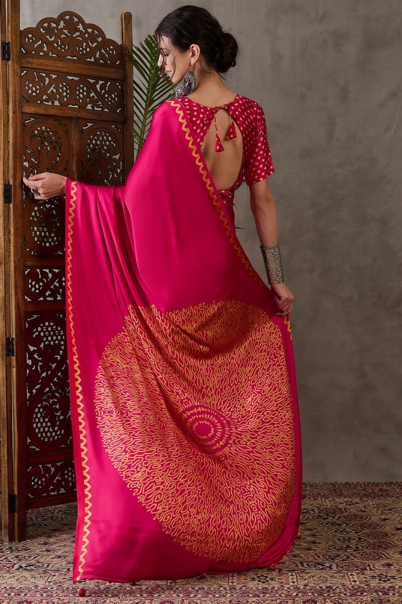 Appealing Dark Pink Ajrakh Printed Semi Modal Silk Saree With Elision Blouse Piece