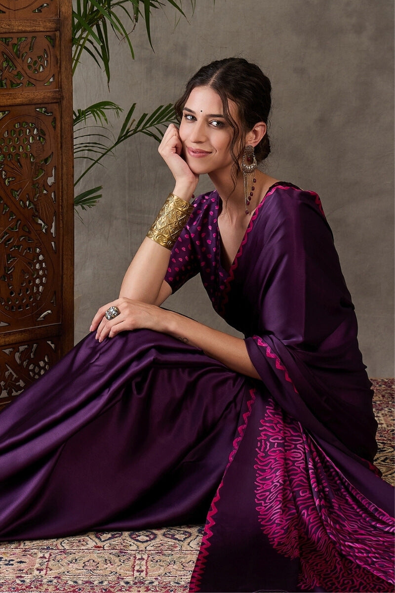 Jazzy Purple Ajrakh Printed Semi Modal Silk Saree With Ideal Blouse Piece