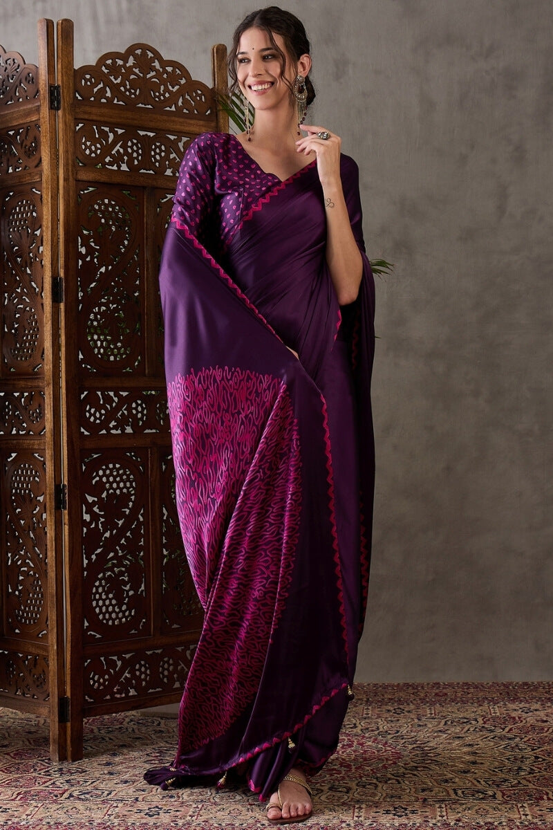 Jazzy Purple Ajrakh Printed Semi Modal Silk Saree With Ideal Blouse Piece