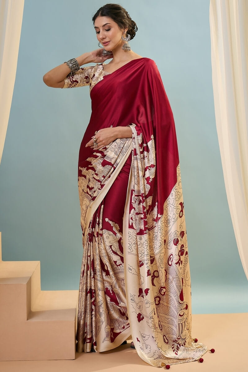 Precious Red Ajrakh Printed Semi Modal Silk Saree With Divine Blouse Piece