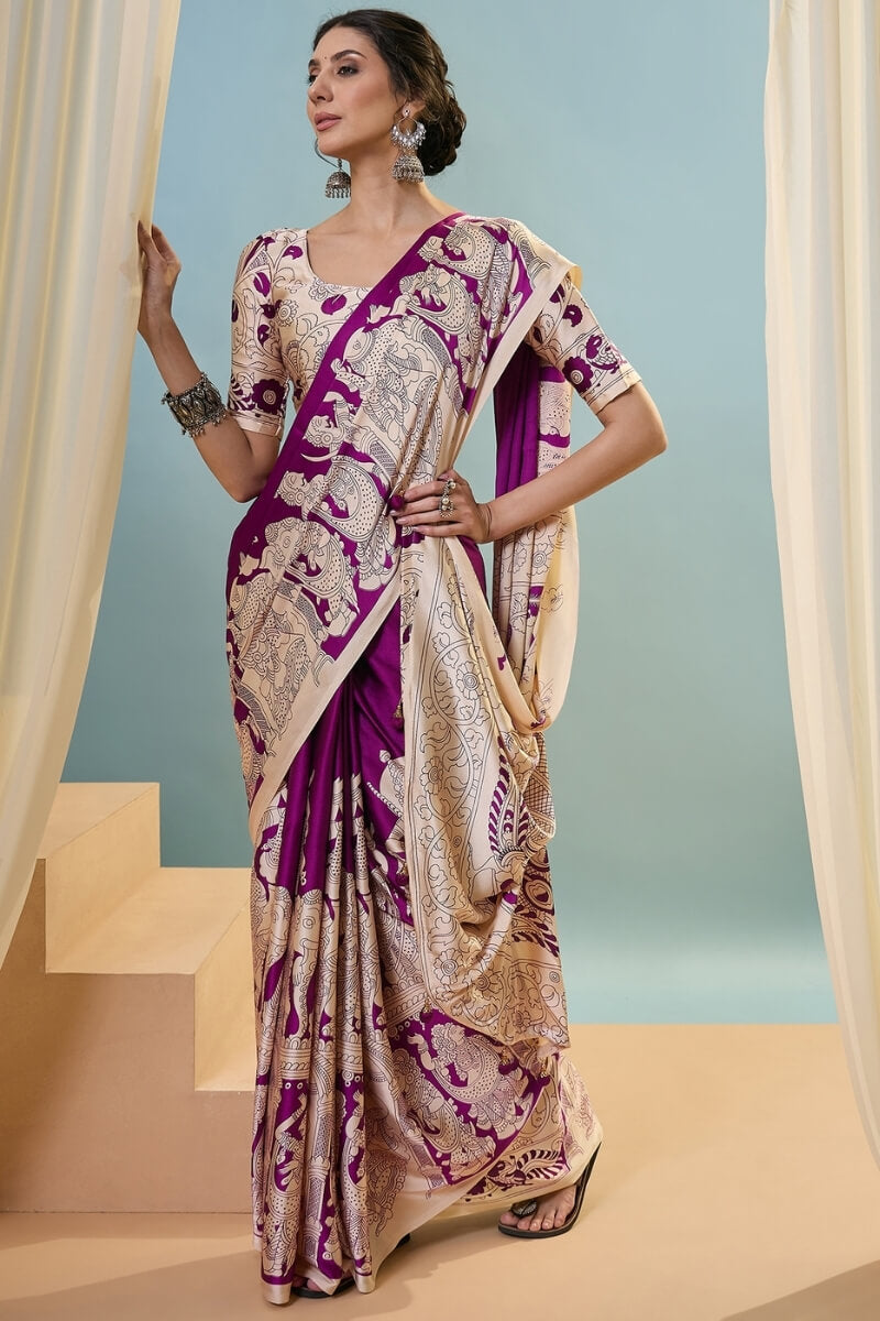 Seraphic Purple Ajrakh Printed Semi Modal Silk Saree With Ailurophile Blouse Piece