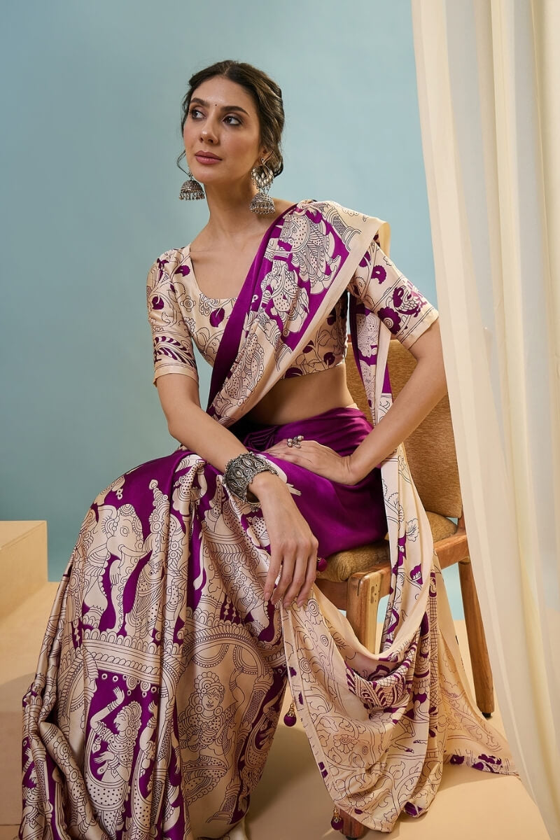 Seraphic Purple Ajrakh Printed Semi Modal Silk Saree With Ailurophile Blouse Piece