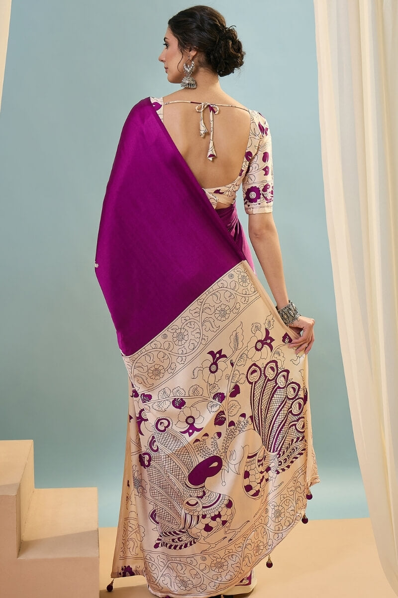 Seraphic Purple Ajrakh Printed Semi Modal Silk Saree With Ailurophile Blouse Piece