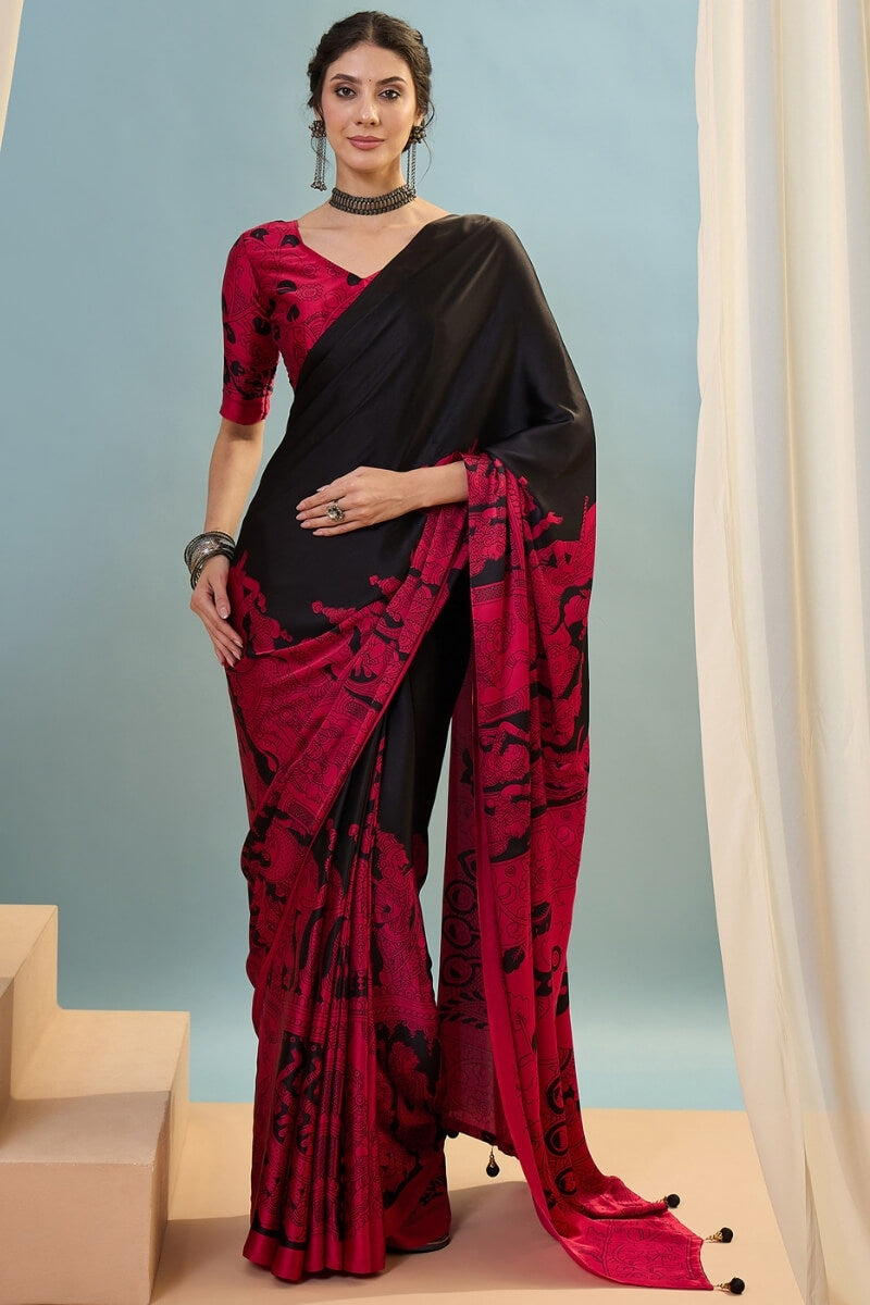 Vestigial Black Ajrakh Printed Semi Modal Silk Saree With Desiring Blouse Piece