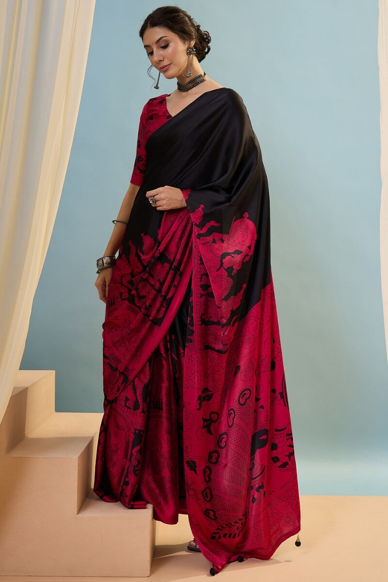 Vestigial Black Ajrakh Printed Semi Modal Silk Saree With Desiring Blouse Piece
