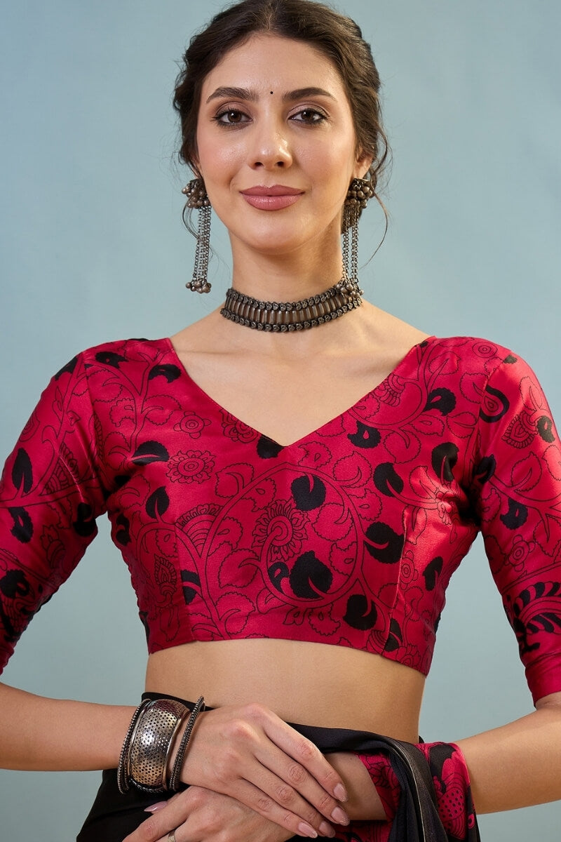 Vestigial Black Ajrakh Printed Semi Modal Silk Saree With Desiring Blouse Piece