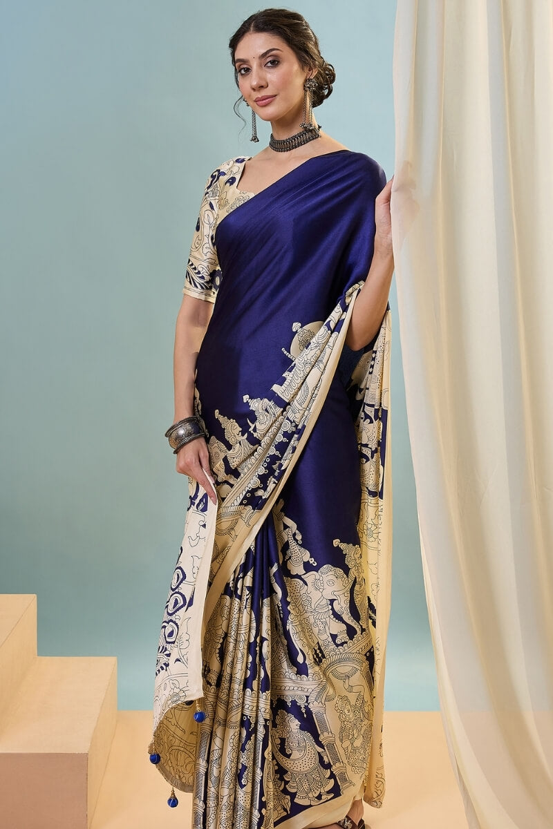 Mesmeric Navy Blue Ajrakh Printed Semi Modal Silk Saree With Bewitching Blouse Piece