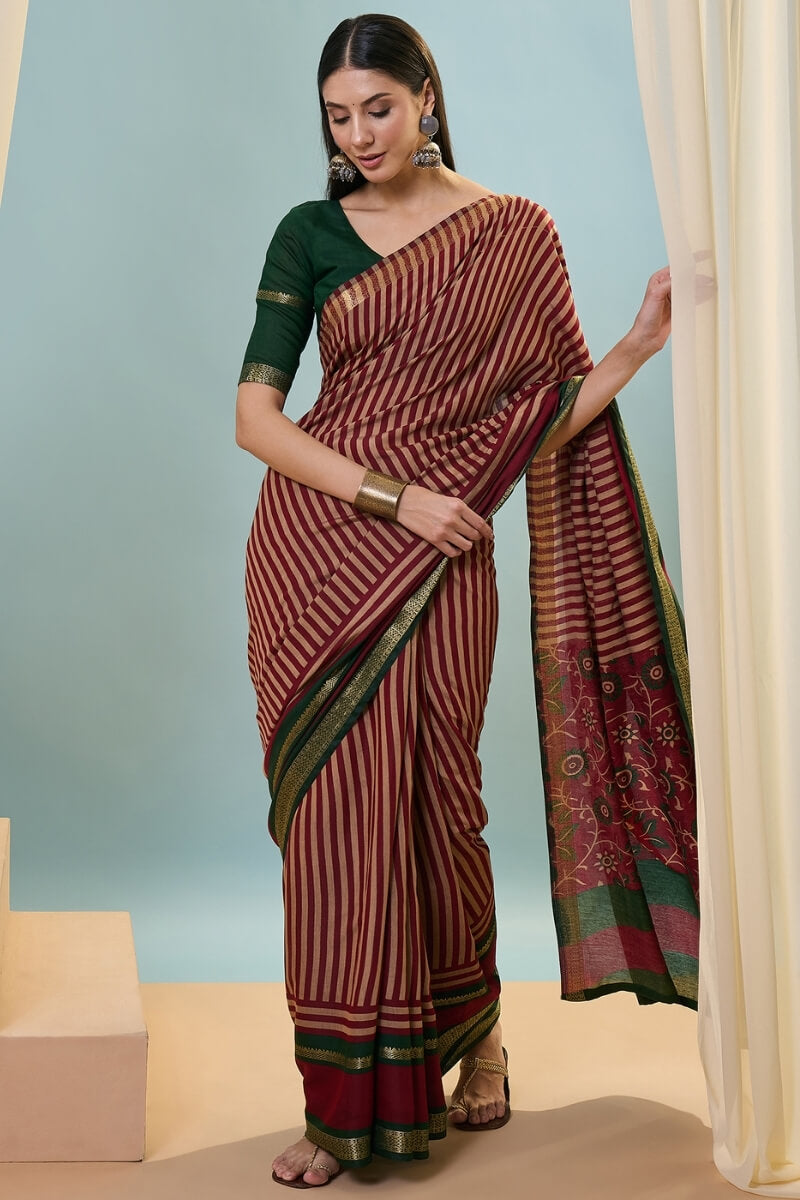 Gossamer Red Printed Cotton Silk Saree With Preferable Blouse Piece