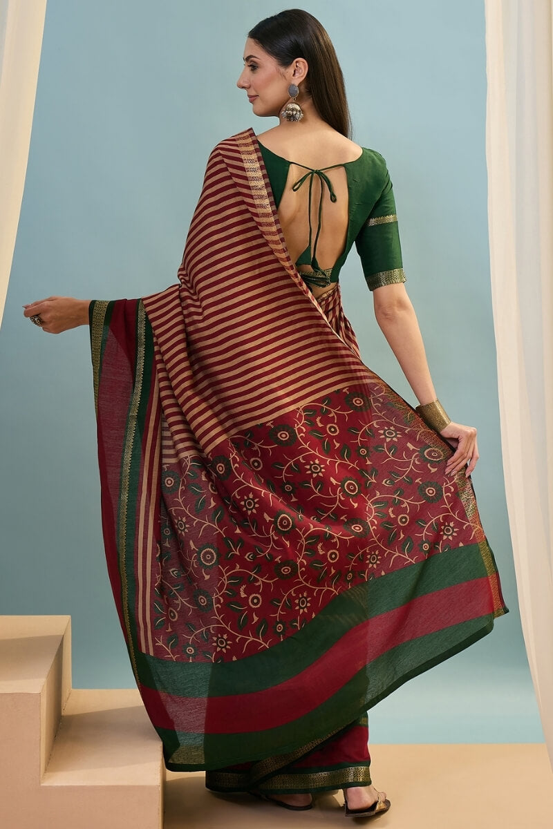 Gossamer Red Printed Cotton Silk Saree With Preferable Blouse Piece