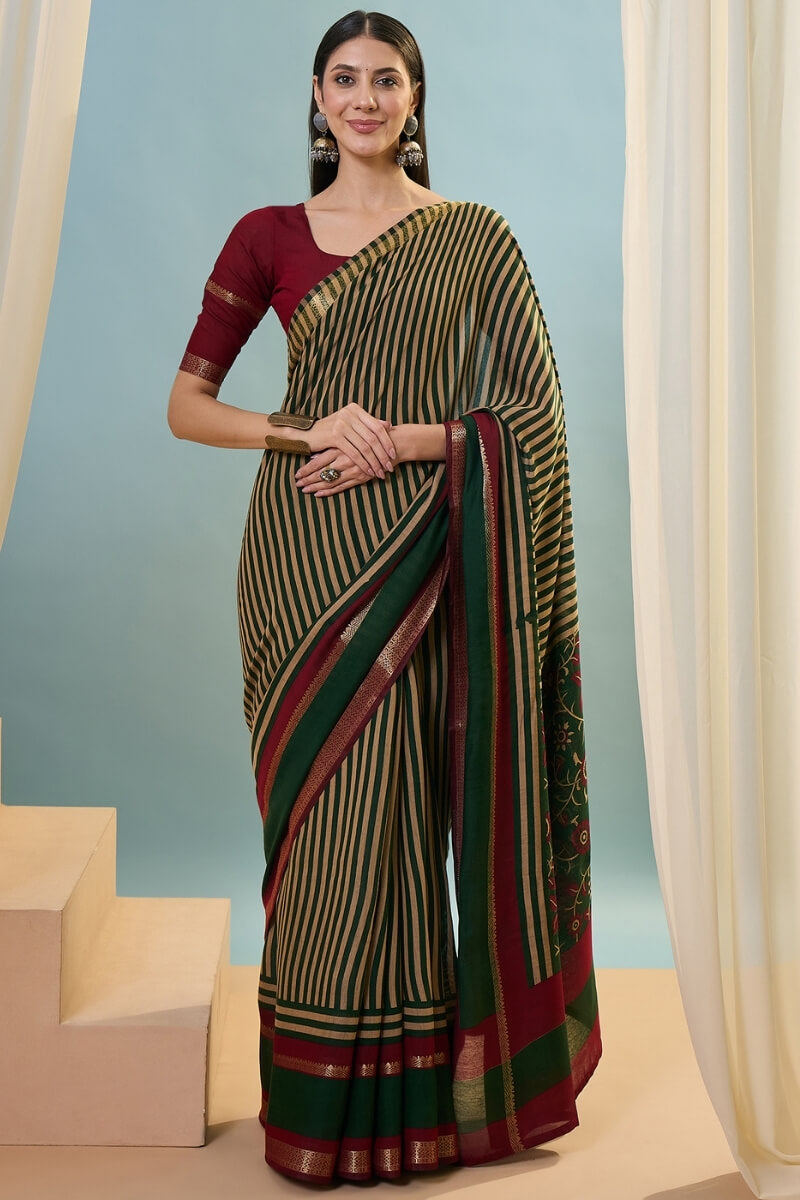 Angelic Dark Green Printed Cotton Silk Saree With Stylish Blouse Piece