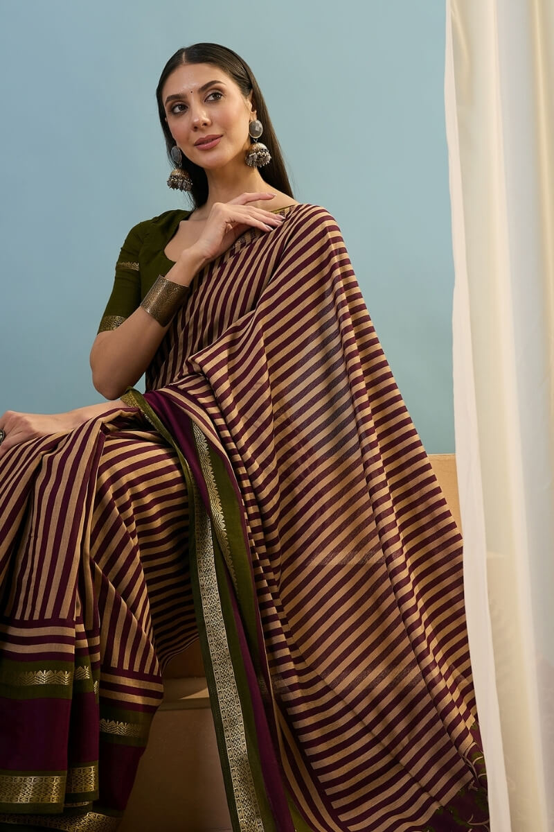 Sophisticated Wine Printed Cotton Silk Saree With Bucolic Blouse Piece