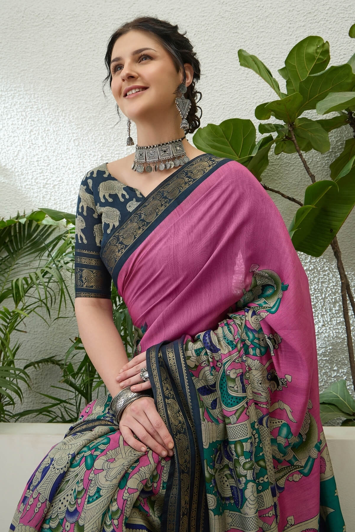 Pulsating Pink Kalamkari Printed Cotton Silk Saree With Ebullience Blouse Piece