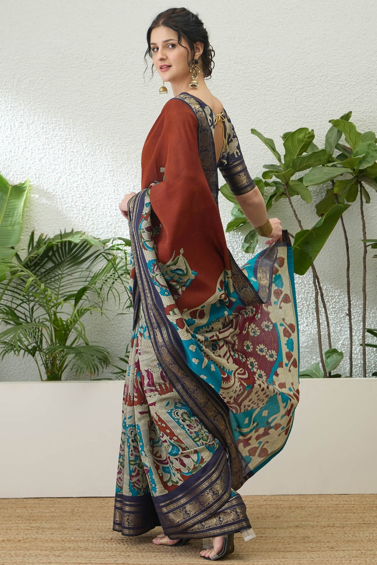 Assemblage Brown Kalamkari Printed Cotton Silk Saree With Vestigial Blouse Piece