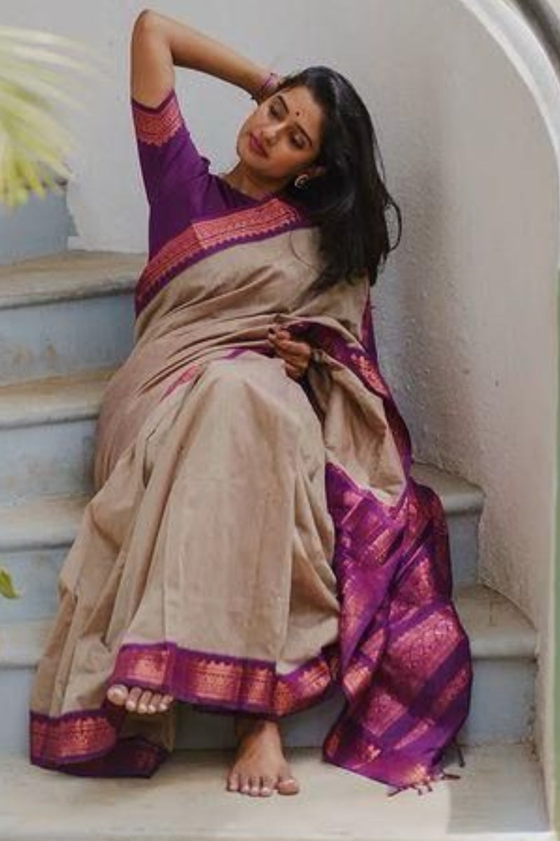 Women's Pashmina Silk Beige Printed Designer Saree With Blouse Piece