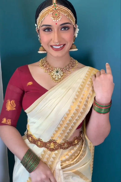 Embrocation Off White Soft Silk Saree With Angelic Blouse Piece