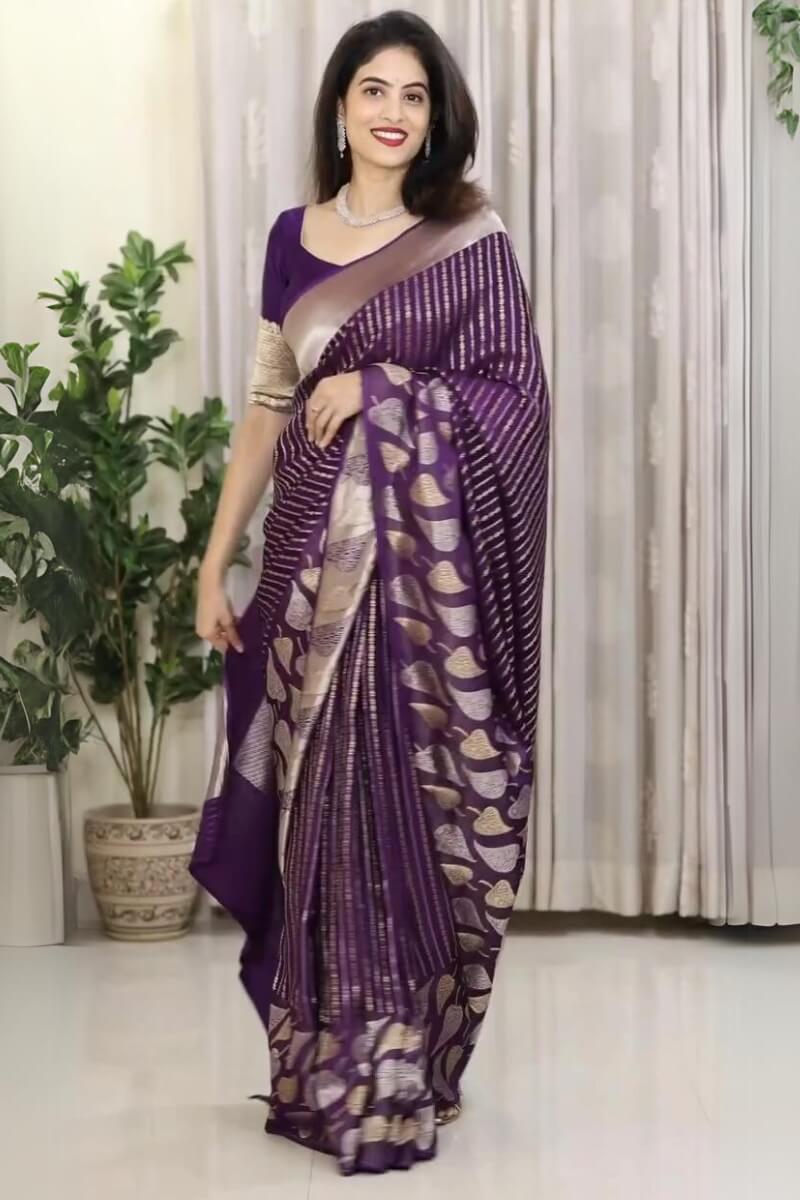 Purple Solid Silk Blend Saree With Unstitched Blouse Piece main image 0
