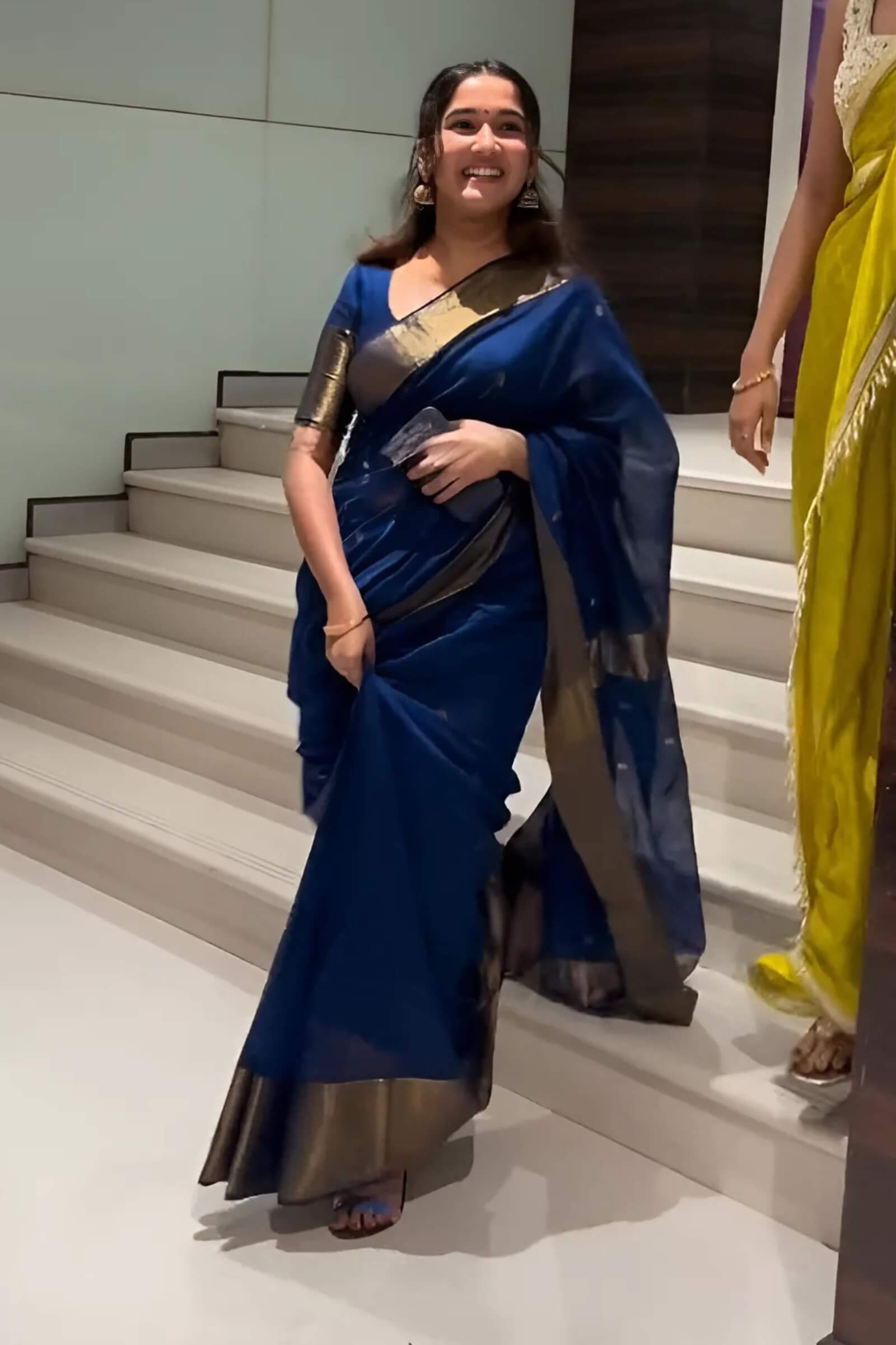 Demure Navy Blue Cotton Silk Saree With Glamorous Blouse Piece
