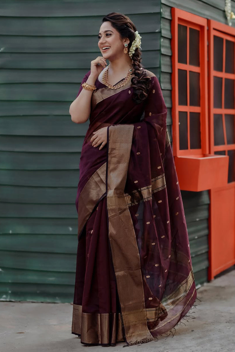 Gleaming Wine Cotton Silk Saree With Serendipity Blouse Piece