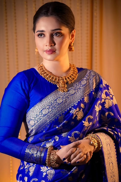 Pretty Royal Blue Soft Banarasi Silk Saree With Glorious Blouse Piece