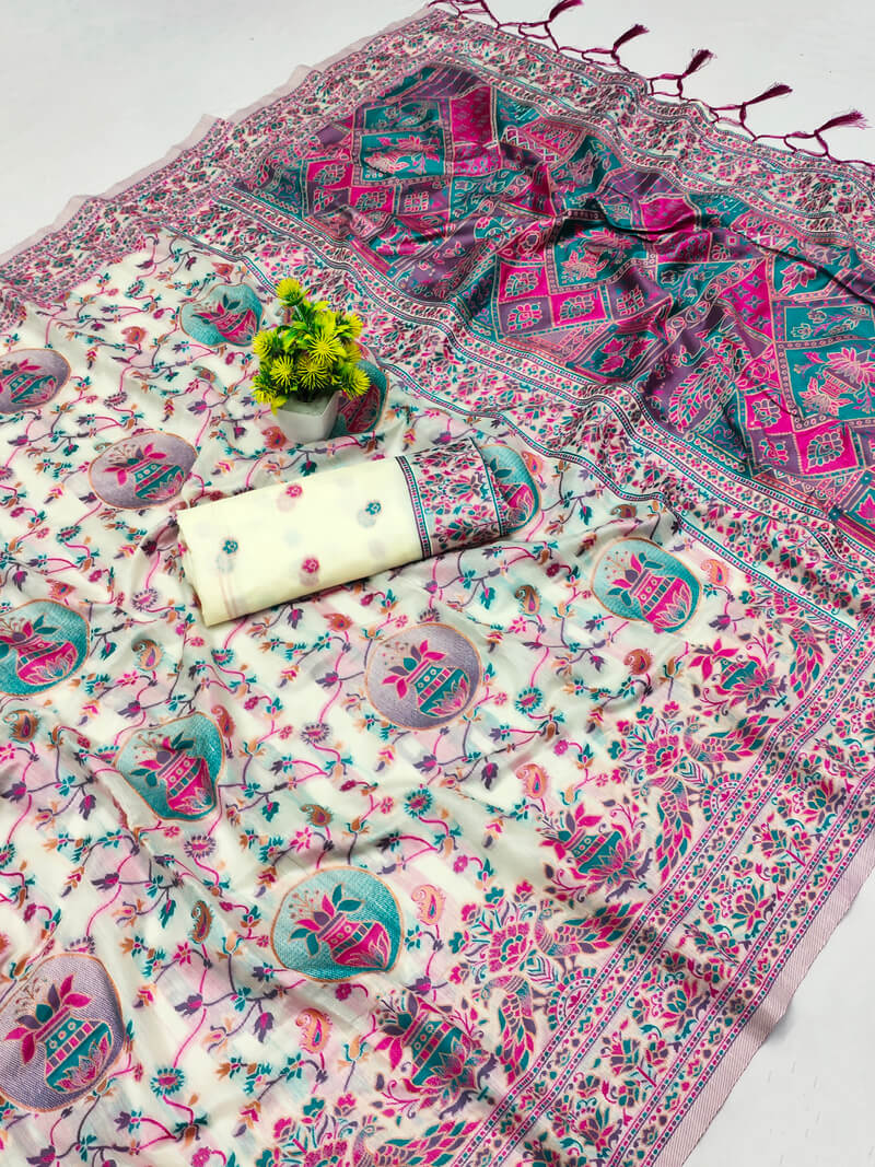 Susurrous Beige Pashmina Saree With Phenomenal Blouse Piece