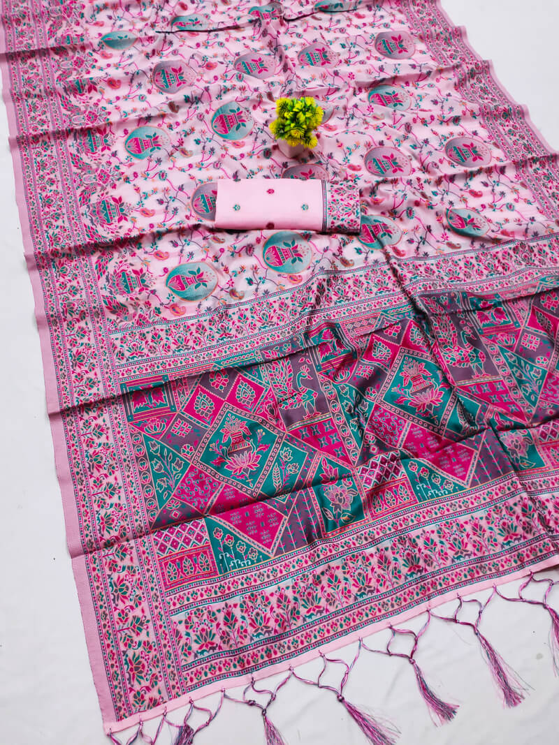 Ratatouille Pink Pashmina Saree With Tempting Blouse Piece