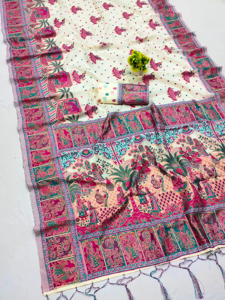 Intricate Beige Pashmina Saree With Gorgeous Blouse Piece