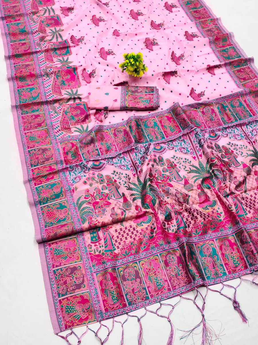 Woebegone Pink Pashmina Saree With Embellished Blouse Pieced