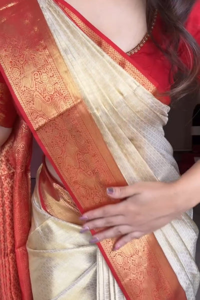Desirable Beige Pure Banarasi Silk Saree With Beauteous Blouse Piece