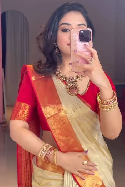 Desirable Beige Pure Banarasi Silk Saree With Beauteous Blouse Piece